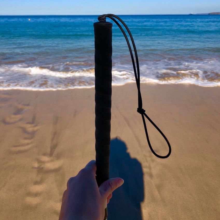 This photo shows my left hand holding the handle of my guide cane with the ocean in front of me.