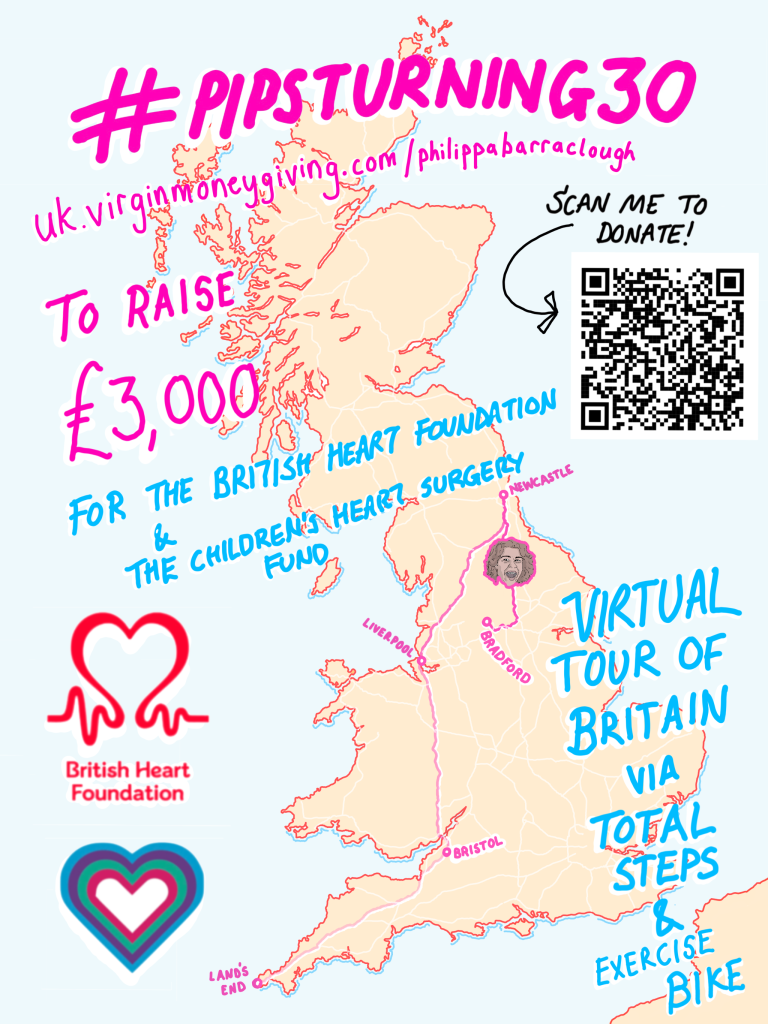 Hand drawn image of UK. BHF Lahore & different names on map to show my virtual route.